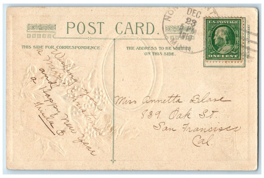 1910 Christmas Holly Berries In Jar John Winsch Artist Signed Embossed Postcard