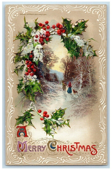 1911 Christmas Holly Berries Dog John Winsch Artist Signed Embossed Postcard