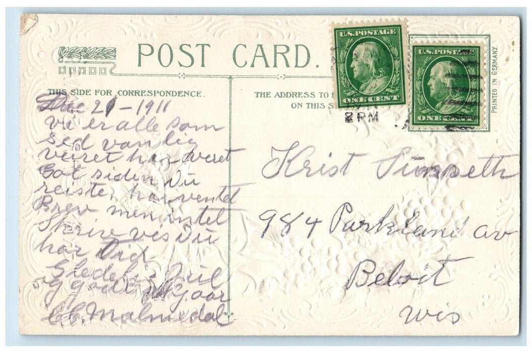 1911 Christmas Holly Berries Dog John Winsch Artist Signed Embossed Postcard