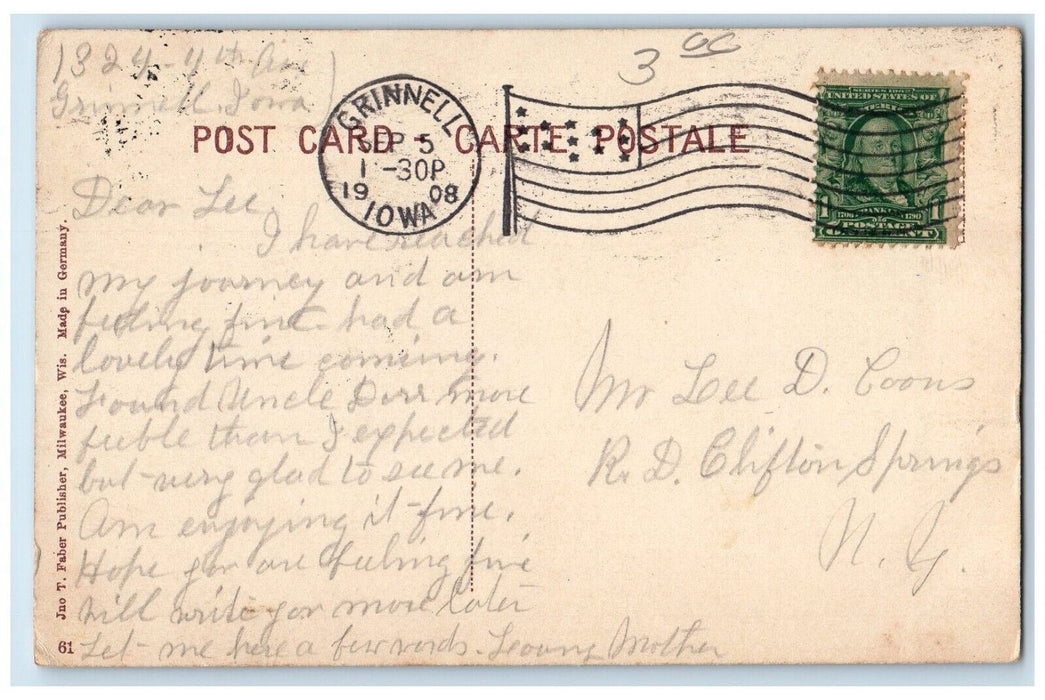 1908 High School Entrance View Grinnell Iowa IA Antique Posted Postcard