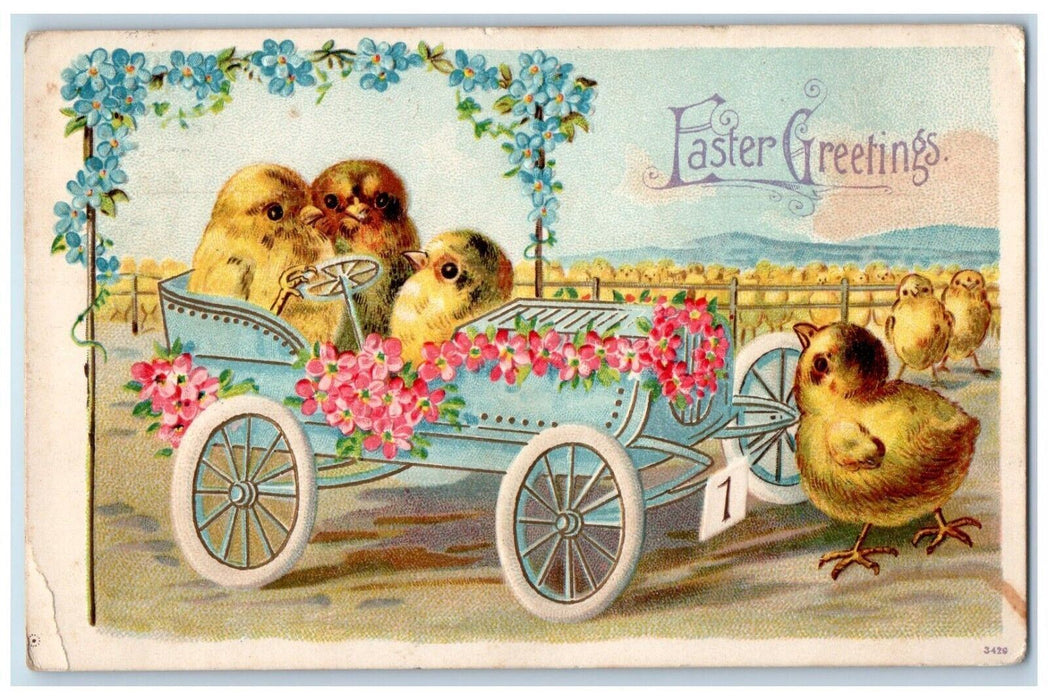 1907 Easter Greetings Anthropomorphic Chicks Driving Car Flowers Posted Postcard