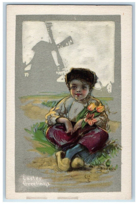 c1910's Easter Greetings Dutch Boy Flowers Windmill Unposted Antique Postcard