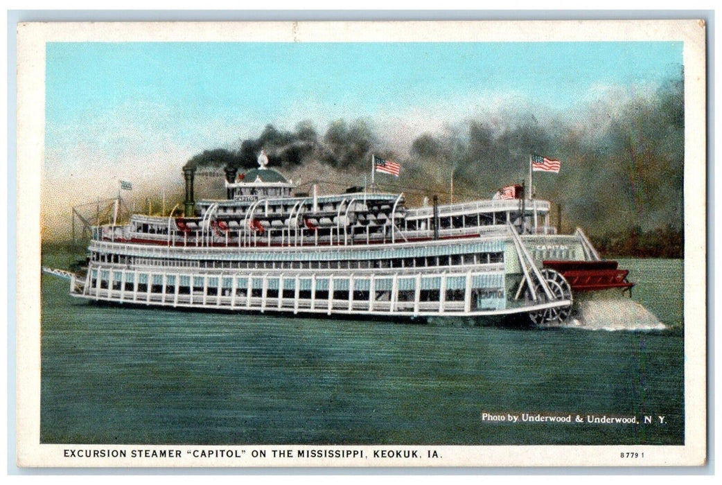 c1920's Excursion Steamer "Capitol" On Mississippi Keokuk Iowa IA Postcard