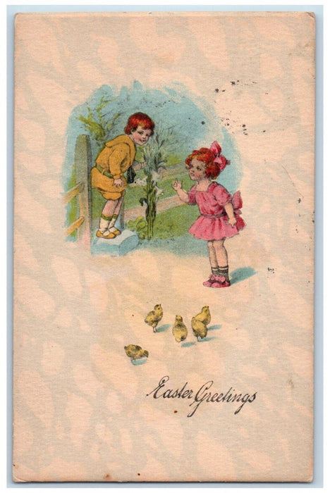 c1910's Easter Greetings Children Chicks White Lily Flowers Antique Postcard