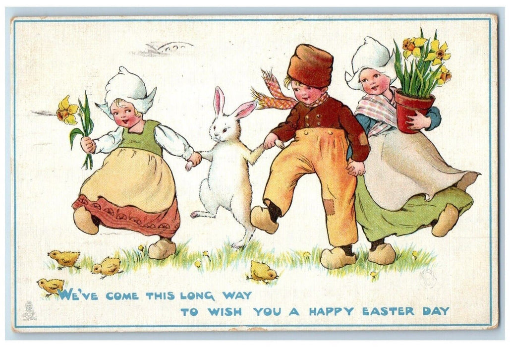 1915 Easter Dutch Girl Boy Dancing Bunny Rabbit Chicks Flowers Tuck's Postcard