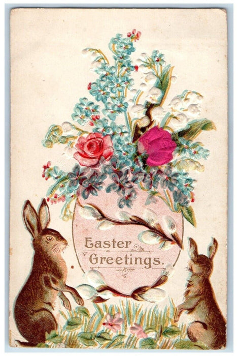 1909 Easter Greetings Rabbit Hatched Egg Flowers Embossed Silk Posted Postcard