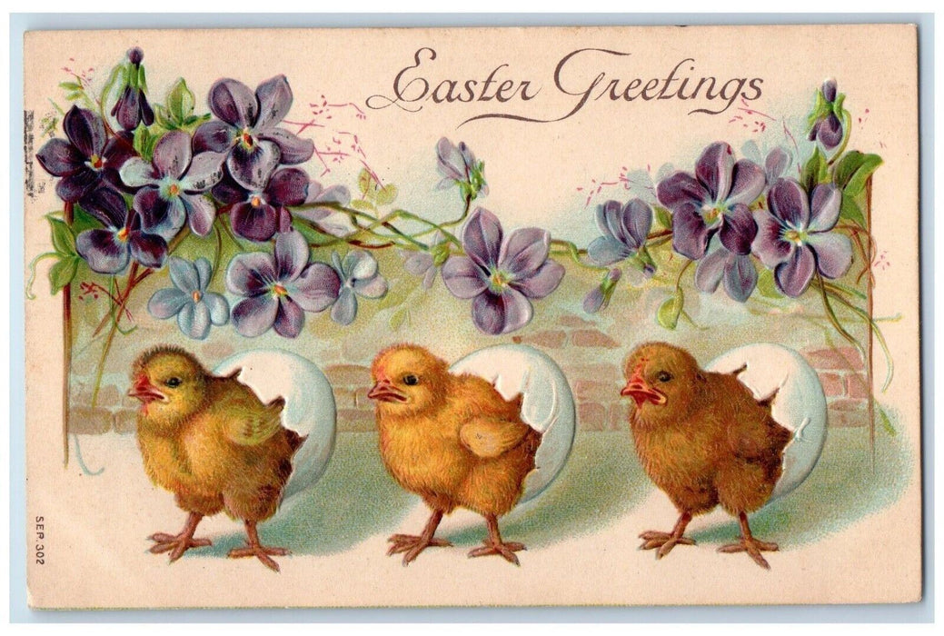 c1910's Easter Greetings Hatched Egg Flowers Pansies Flowers Embossed Postcard