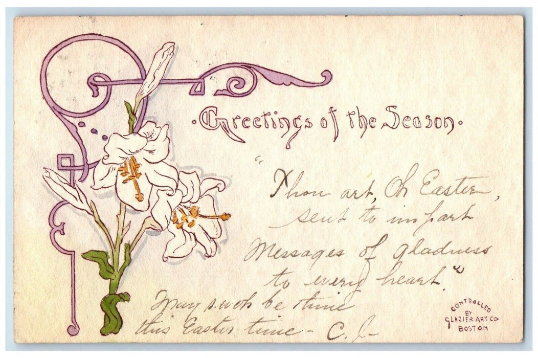 c1905 Easter Greetings White Lily Flowers Art Nouveau Posted Antique Postcard