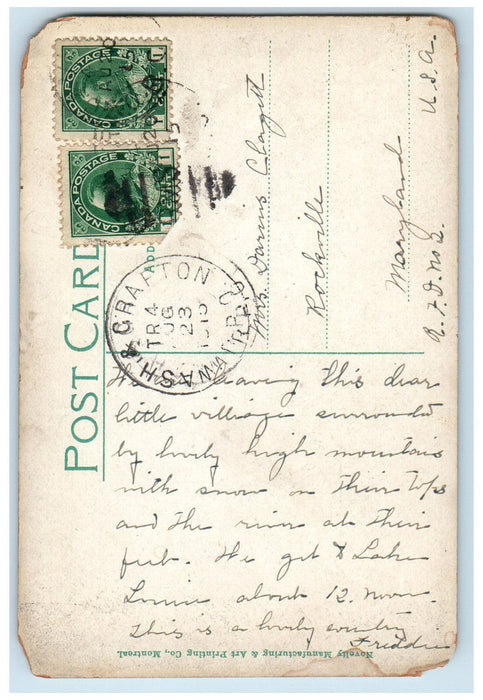 1915 Mount Wapta Emerald Lake Field B.C. Canadian Pacific Railway RPO Postcard