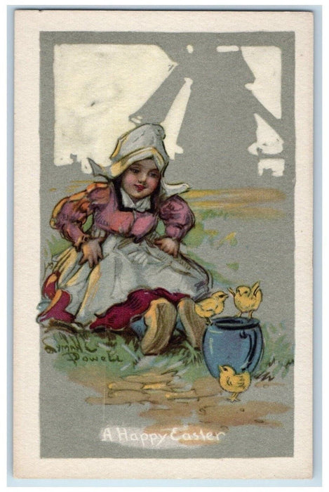 c1910's Happy Easter Dutch Girl Chicks Jar Windmill Unposted Antique Postcard