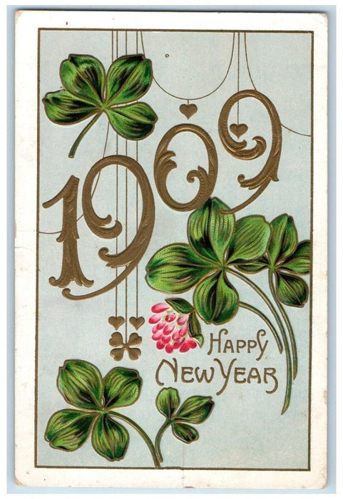 1909 Happy New Year Flowers Shamrock Clover Embossed Posted Antique Postcard