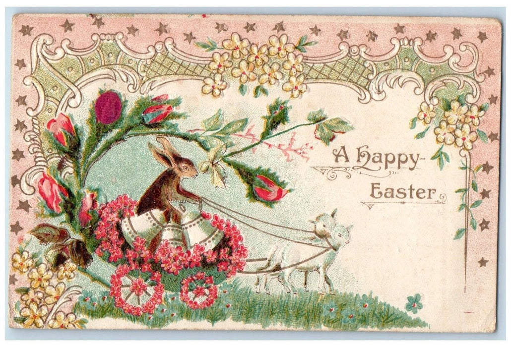 Easter Anthropomorphic Rabbit Sheep Pulling Cart Bells Pansies Silk Postcard