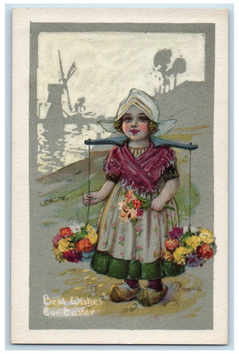 1909 Easter Dutch Girl Carrying Flowers Windmill Unposted Antique Postcard