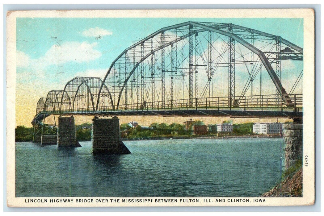 1928 Lincoln Highway Bridge Between Fulton IL & Clinton Iowa IA Postcard