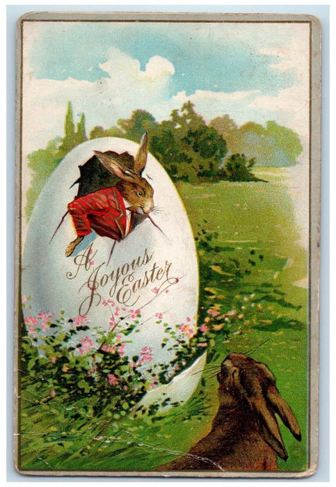 c1910's Joyous Easter Hatched Egg Anthropomorphic Rabbit Embossed Postcard