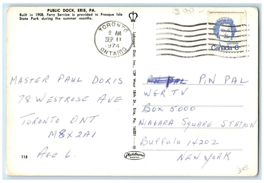 1974 Public Dock Ferry Passenger Boat Classic Cars Erie Pennsylvania PA Postcard