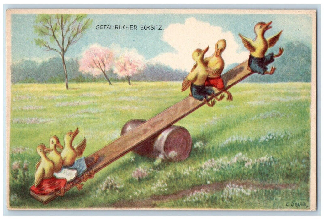 c1910's Easter Duck See Saw Dangerous Corner Seat Flowers Antique Postcard