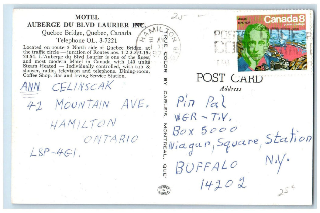 1974 Motel Auberge Du Blvd Laurier Inc Quebec PQ Canada Posted Postcard