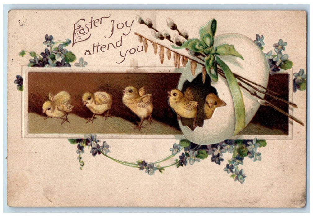 Easter Joy Hatched Egg Chicks Ribbon Pansies Flowers Kittanning PA Postcard