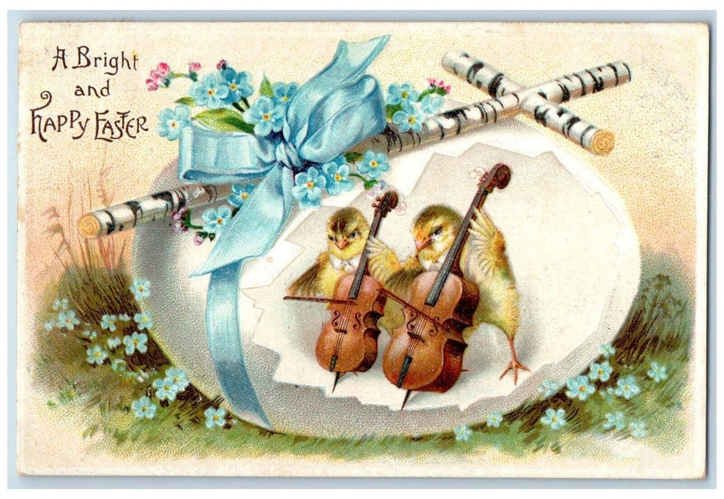 Easter Holly Cross Hatched Egg Chicks Playing Violin Pansies Clapsaddle Postcard