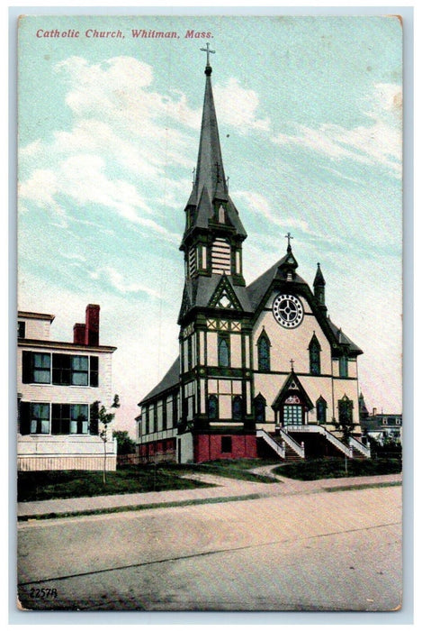 1907 Catholic Church Street View Whitman Massachusetts MA Antique Postcard
