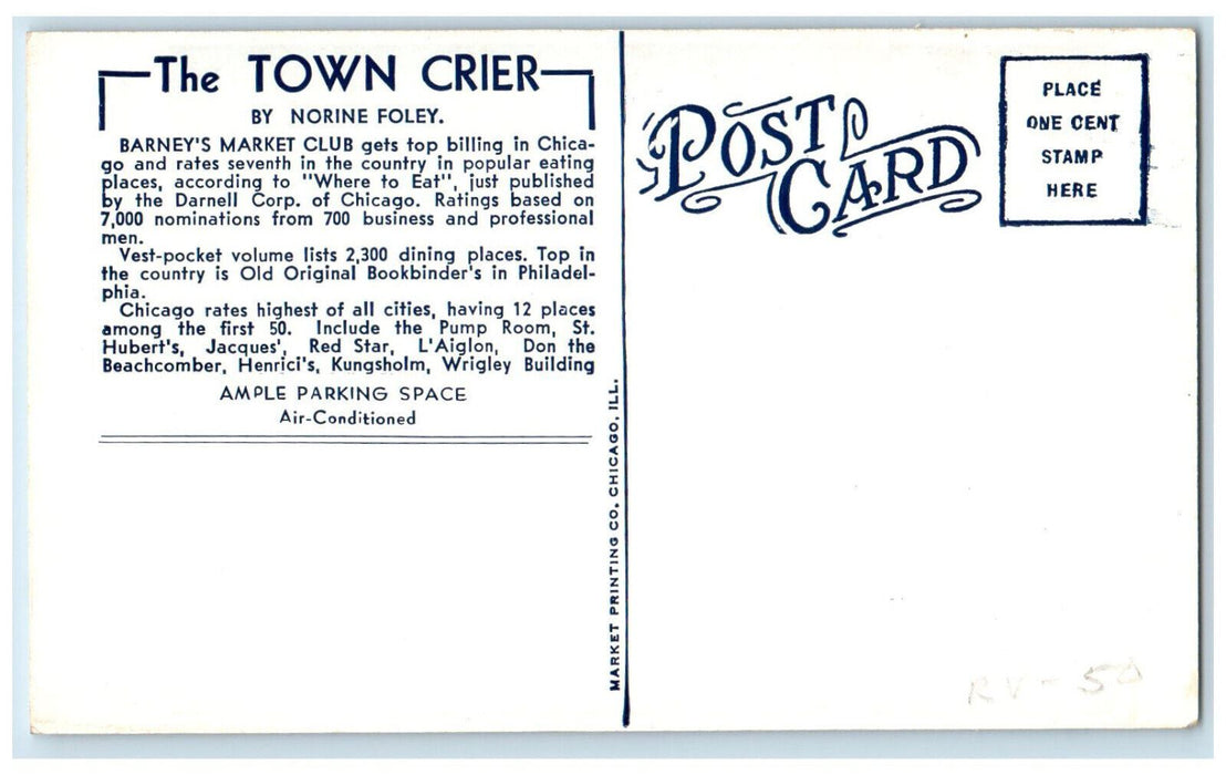 c1950's Senator Barney Barneys Market Club Chicago Illinois IL Postcard