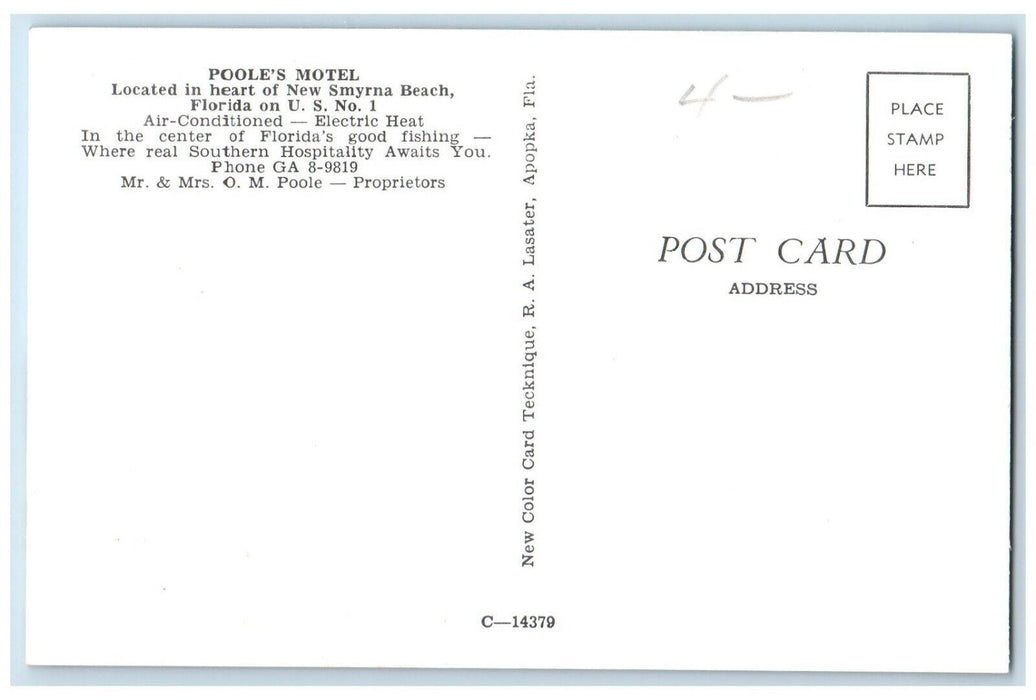 c1950's Poole's Motel Located In Heart Of New Smyrna Beach Florida FL Postcard