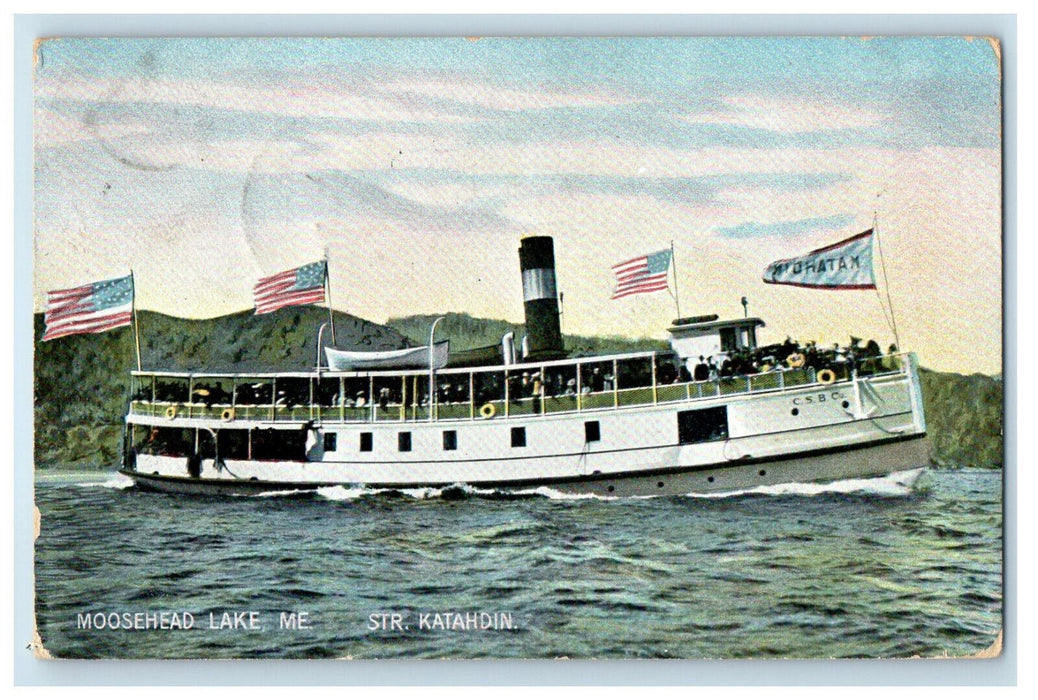 1908 Steamer Katahdin Moosehead Lake Maine ME American Flag Posted Postcard