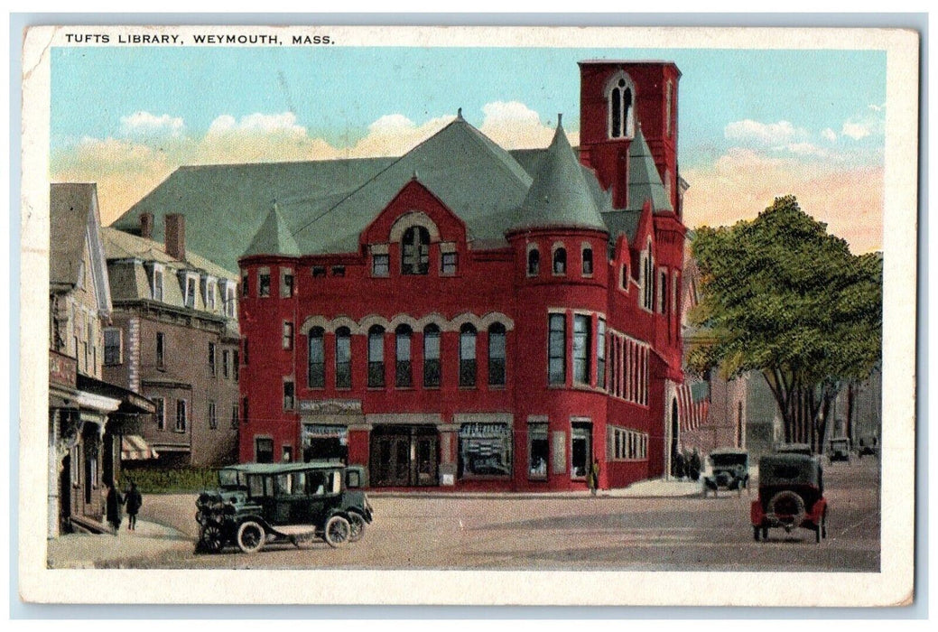 1954 Tufts Library Building Cars Weymouth Massachusetts MA Antique Postcard