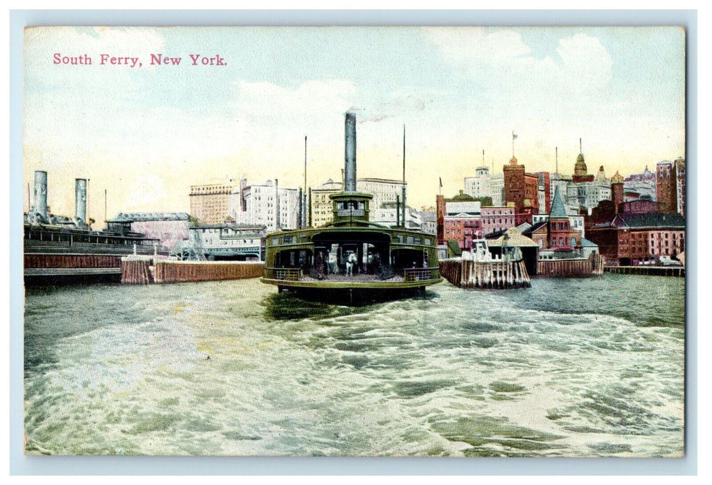 c1910 Steamship Scene, Buildings in Background, South Ferry New York NY Postcard