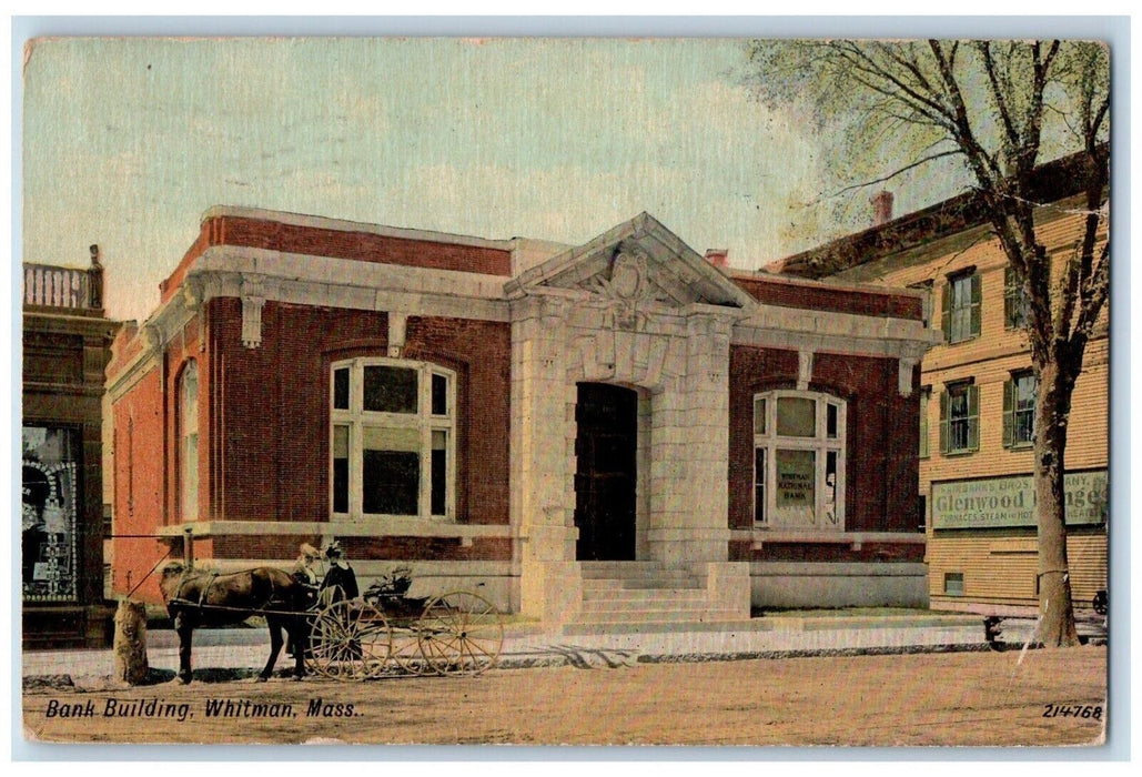 1910 Bank Building Horse Wagon Whitman Massachusetts MA Posted Antique Postcard