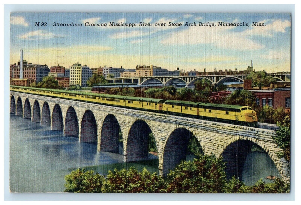 Streamliner Crossing Mississippi River Stone Arch Bridge Minneapolis MN Postcard