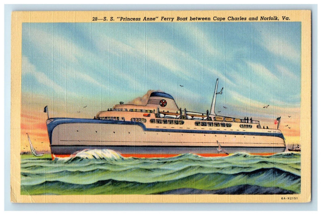 c1940s SS "Princess Anne" Ferry Boat Between Cape Charles & Norfolk VA Postcard