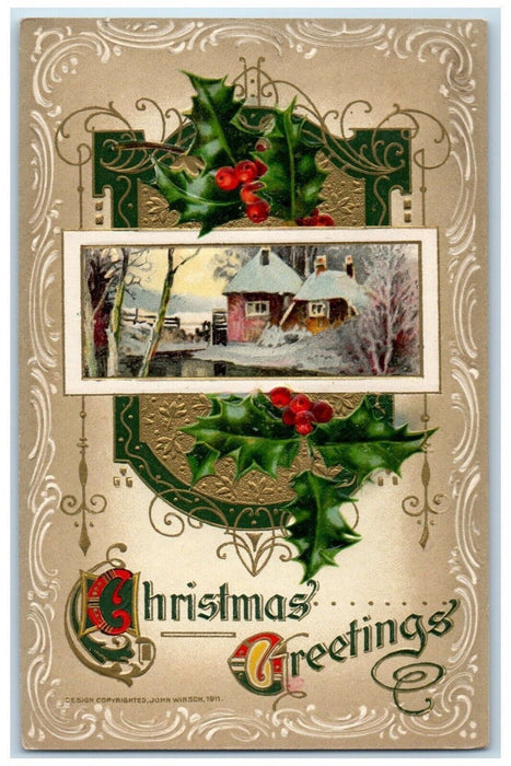 1911 Christmas Greetings Berries House Winter John Winsch Artist Signed Postcard