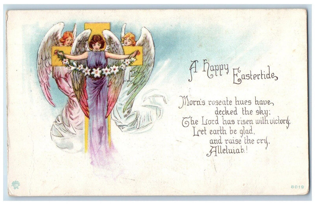 c1910's Happy Easter Holy Cross Angels White Lily Flowers Antique Postcard