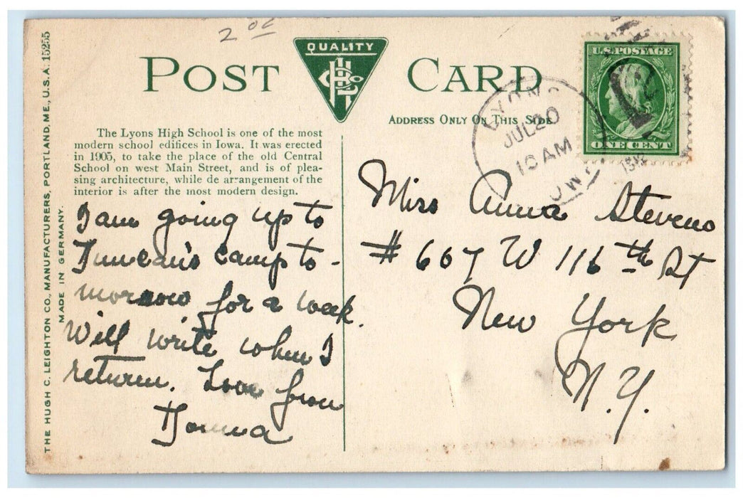 1912 Lyons High School Building Clinton Iowa IA Antique Posted Postcard