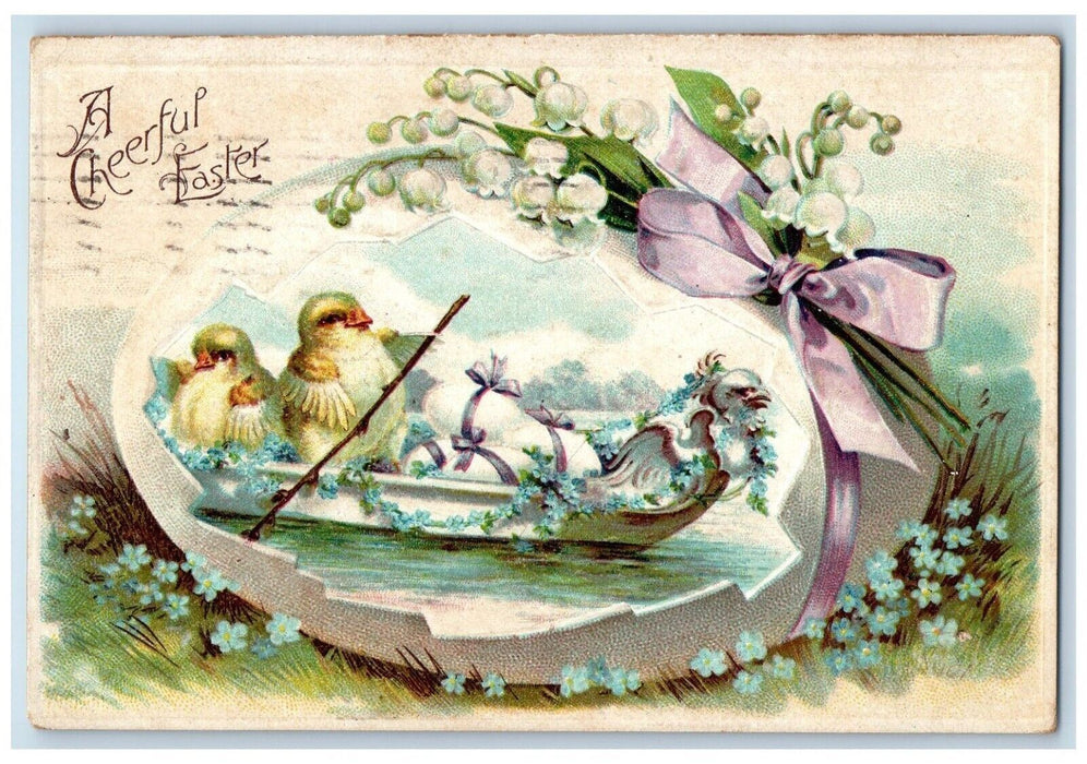 1909 Easter Hatched Egg Chicks Boating Pansies Flowers Clapsaddle Postcard