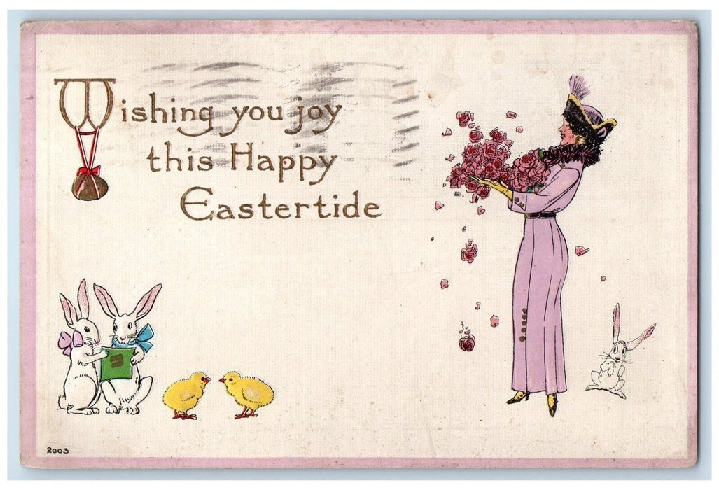 1916 Easter Girl Purple Dress Flowers Bunny Rabbit Chicks Embossed Postcard