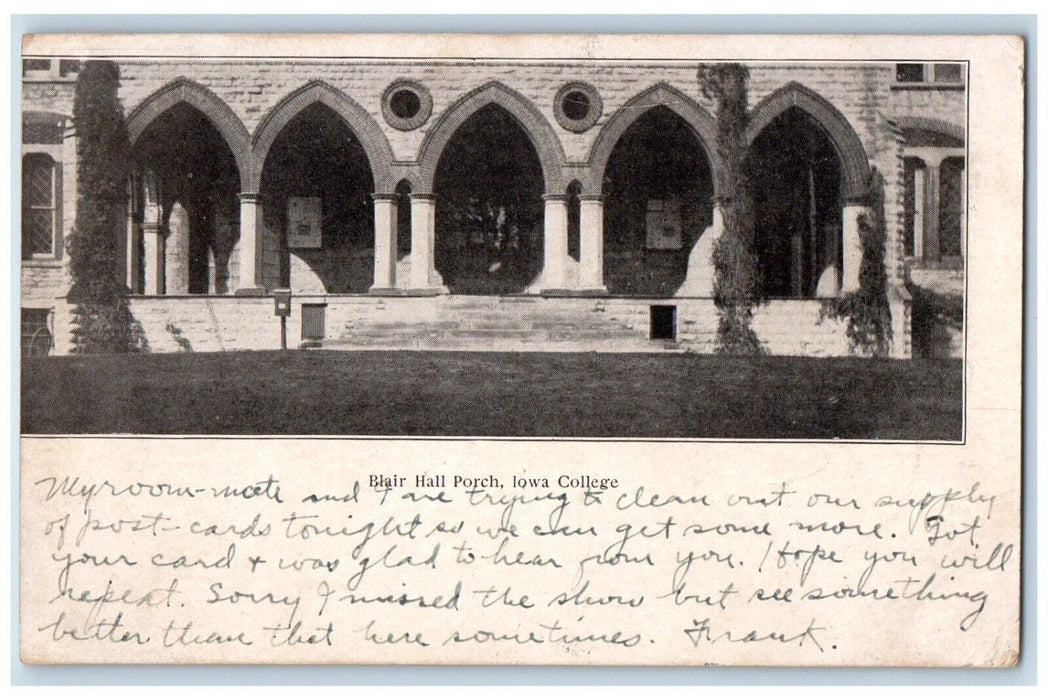 1907 Blair Hall Porch Iowa College IA Spartansburg PA RPO Posted Postcard