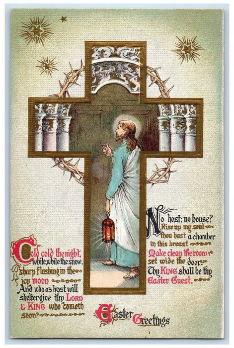 c1910's Easter Greetings Holly Cross Jesus Lantern Embossed Antique Postcard