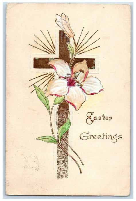 c1905 Easter Greetings Holy Cross Flowers Embossed Posted Antique Postcard