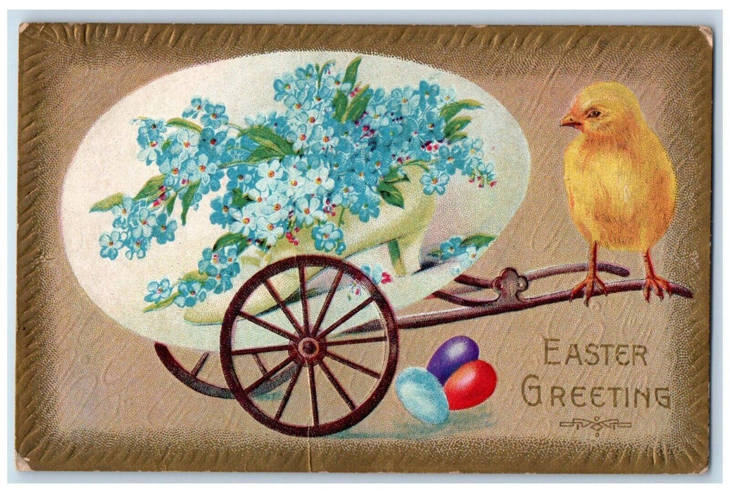 1913 Easter Greeting Chick Wagon Giant Egg Shoes Pansies Flowers Posted Postcard