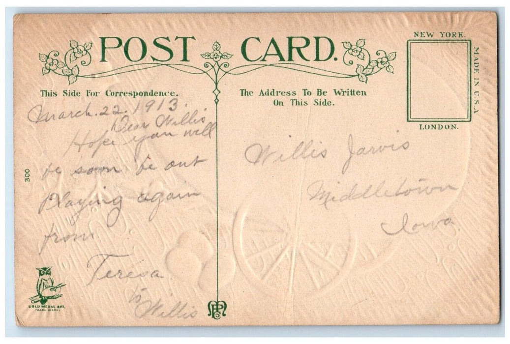 1913 Easter Greeting Chick Wagon Giant Egg Shoes Pansies Flowers Posted Postcard
