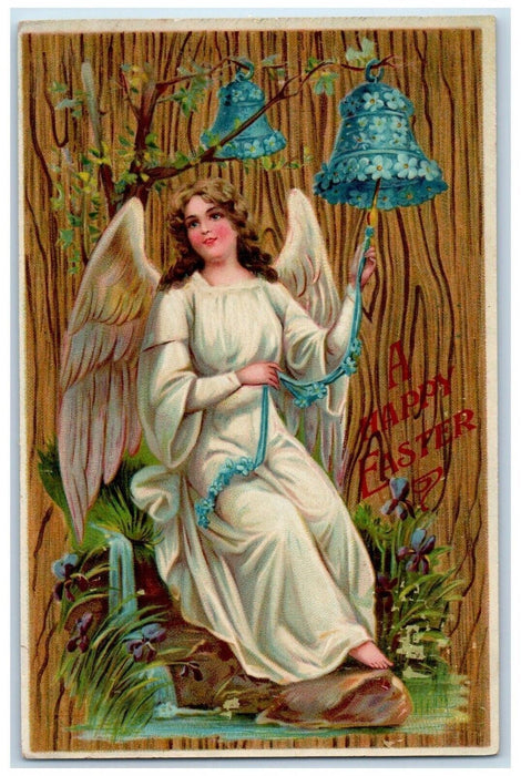 c1910's Happy Easter Angel Ringing Bell Pansies Gel Unposted Antique Postcard