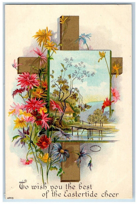c1910's Easter Holy Cross Flowers House River Julius Bein Antique Postcard
