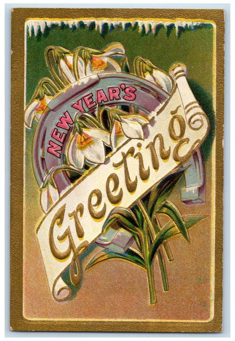 c1910's New Year Greeting Lily Flowers Nash Embossed Unposted Antique Postcard