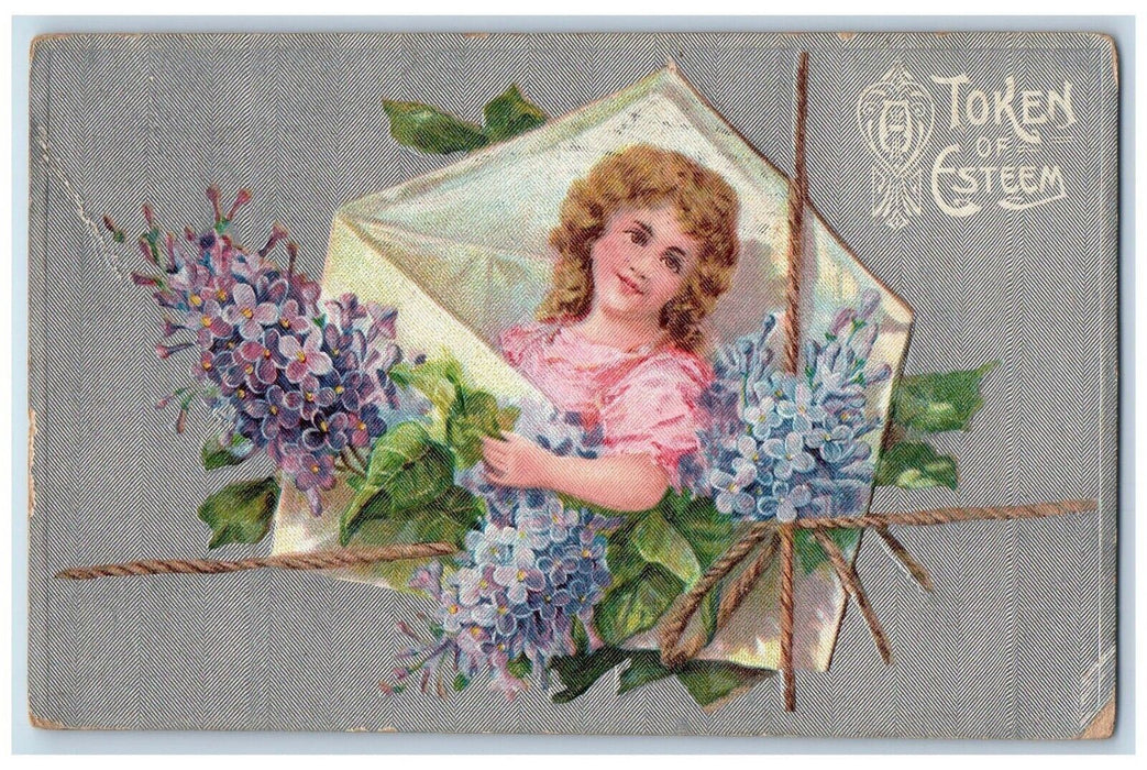 1910 Easter Girl Envelop Pansies Flowers Rope Muscatine Iowa IA Antique Postcard