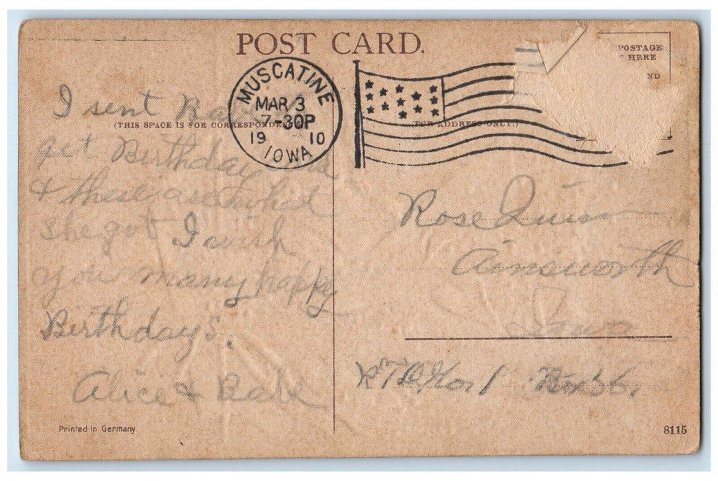 1910 Easter Girl Envelop Pansies Flowers Rope Muscatine Iowa IA Antique Postcard
