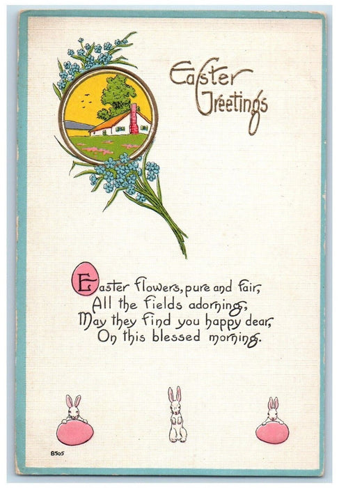 c1910's Easter Greetings Minimalist Bunnies Rabbit Eggs Embossed Posted Postcard