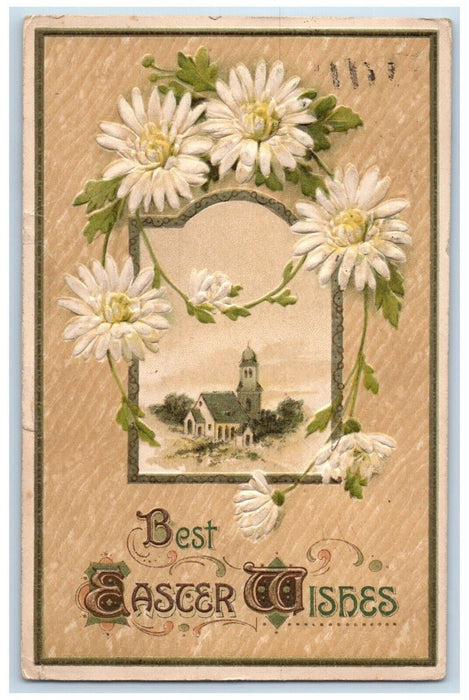 1914 Easter Wishes White Flowers Church Embossed Posted Antique Postcard